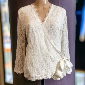 Vintage Kate Hill Ivory Lace Stain Bow Wrap Front Blouse Bridal Bride